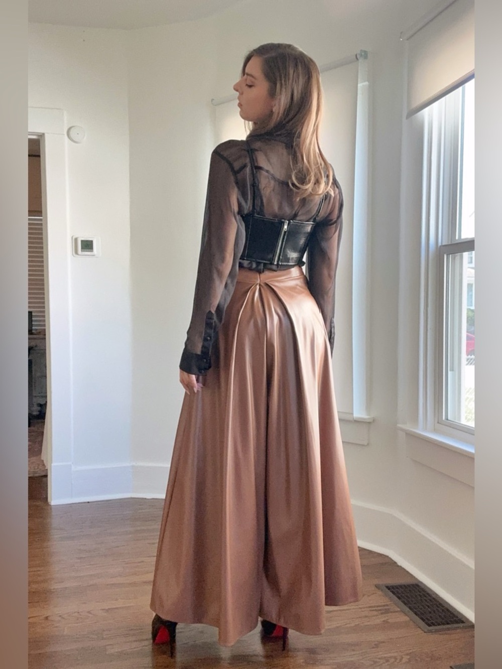 Nylon Apparel Palazzo Pants Medium Faux Leather Wide Leg Camel Elastic Pleated